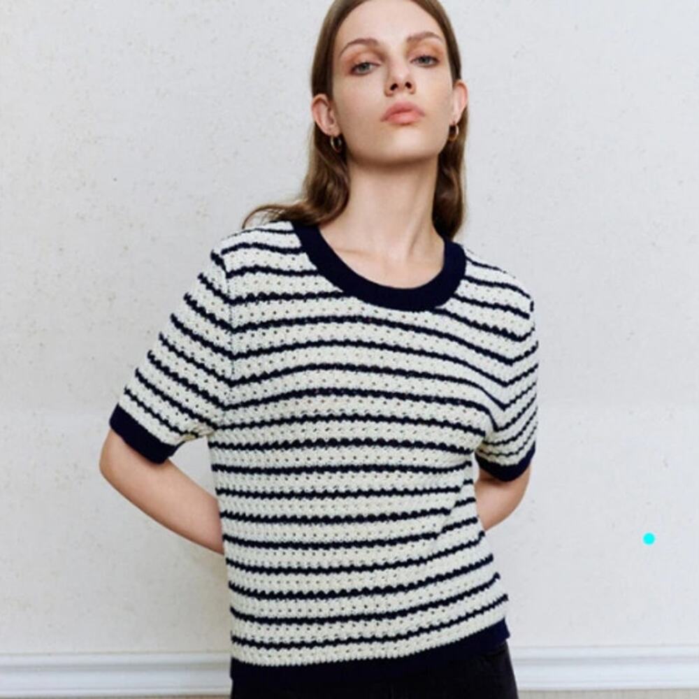 Urban Revivo Cotton Short Sleeve Striped Knit Top Navy size Small Coastal